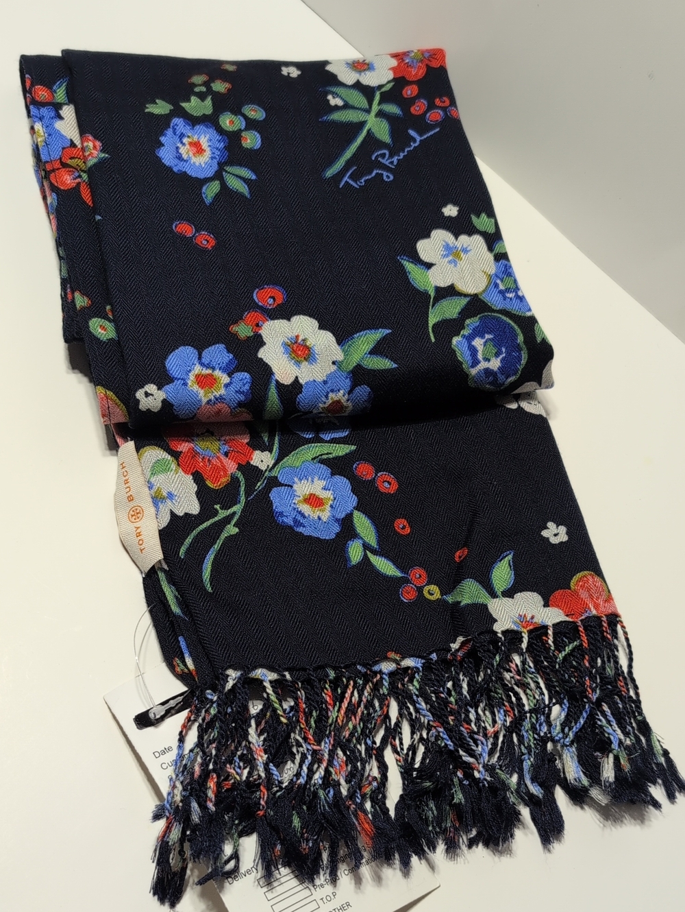 Tory Burch Navy Floral Oversized Scarf with Fringe